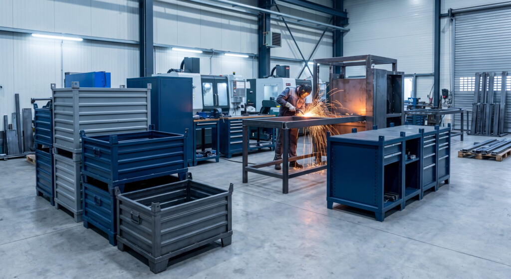 Hala produkcyjna z pracownikiem spawającym metalową konstrukcję, w tle metalowe kontenery i maszyny.