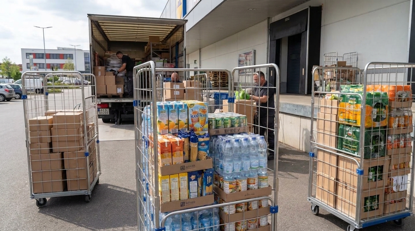 Wózki transportowe z towarami przed magazynem, pracownicy ładują paczki do ciężarówki