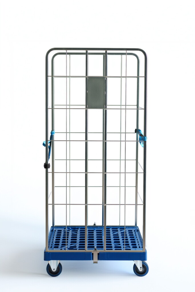 Rollkontener DUO Frame z metalową konstrukcją, niebieską podstawą i czterema kółkami do łatwego przemieszczania.