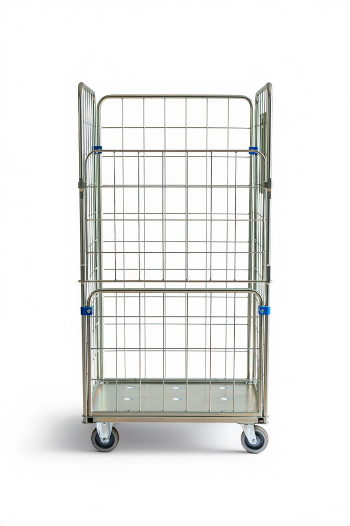 Rollkontener HYGIENE Access z metalowej siatki na kółkach z solidnym dnem.