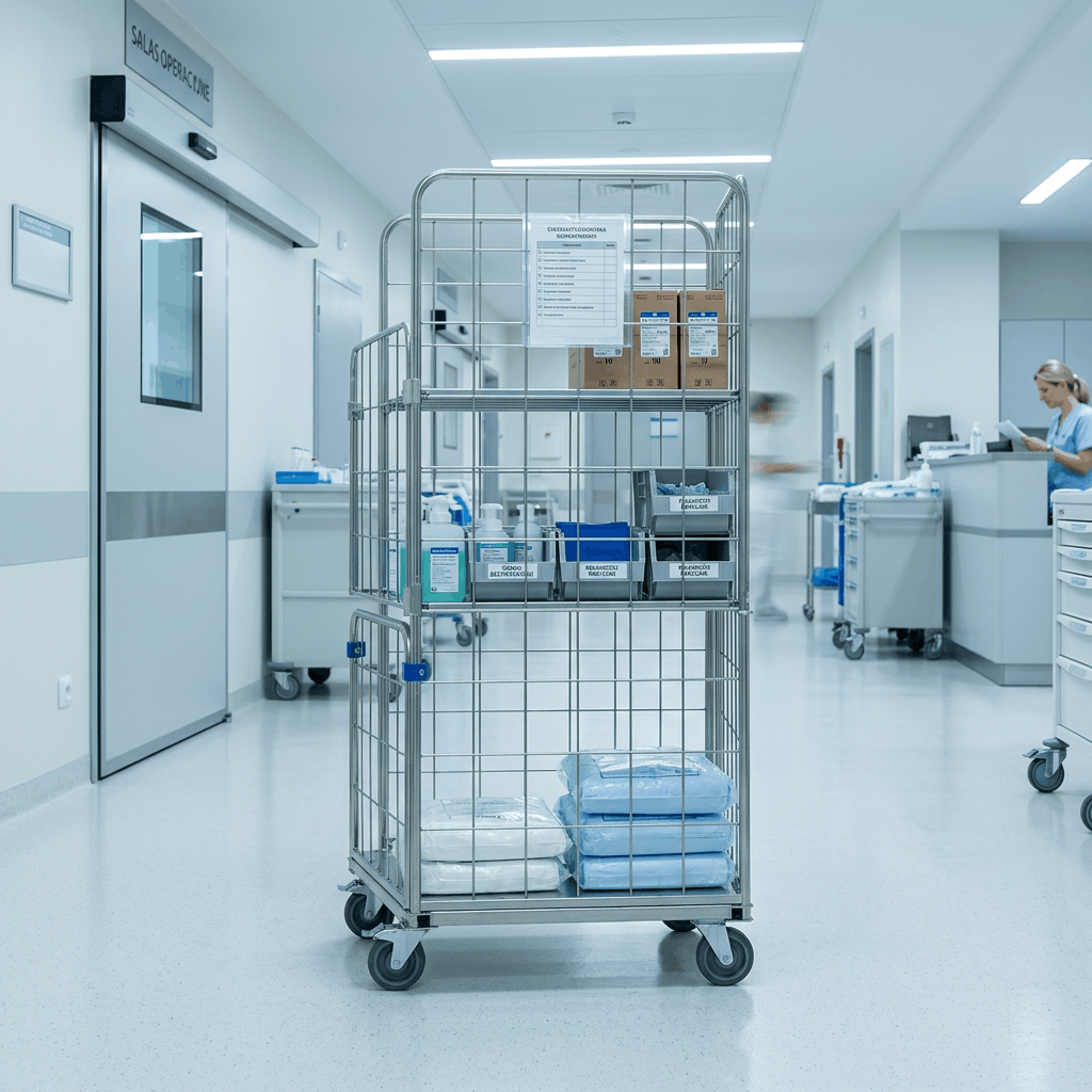 Rollkontener HYGIENE Access w szpitalnym korytarzu, wypełniony materiałami medycznymi i przyrządami do użytku w operacjach