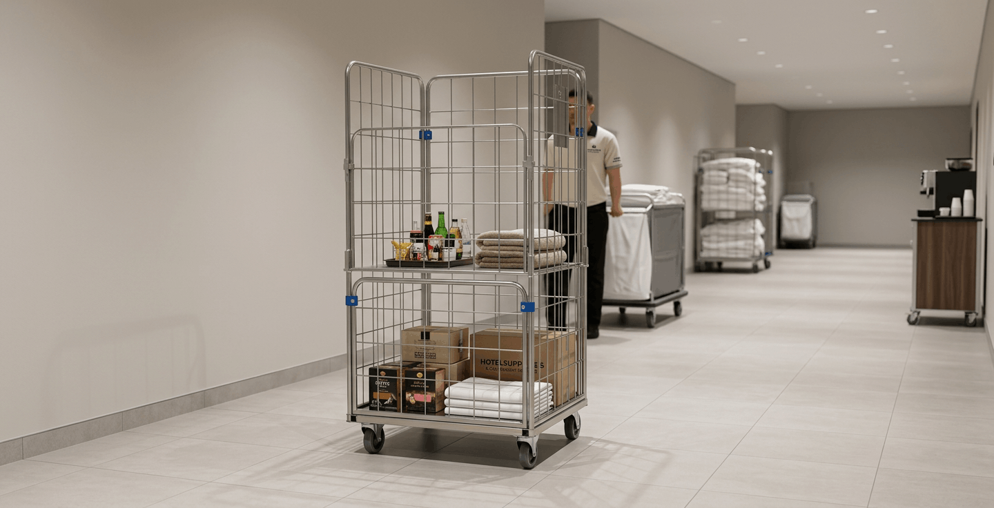 Rollkontener HYGIENE Access z produktami, ręcznikami i kartonami w hotelowym korytarzu, z pracownikiem w tle