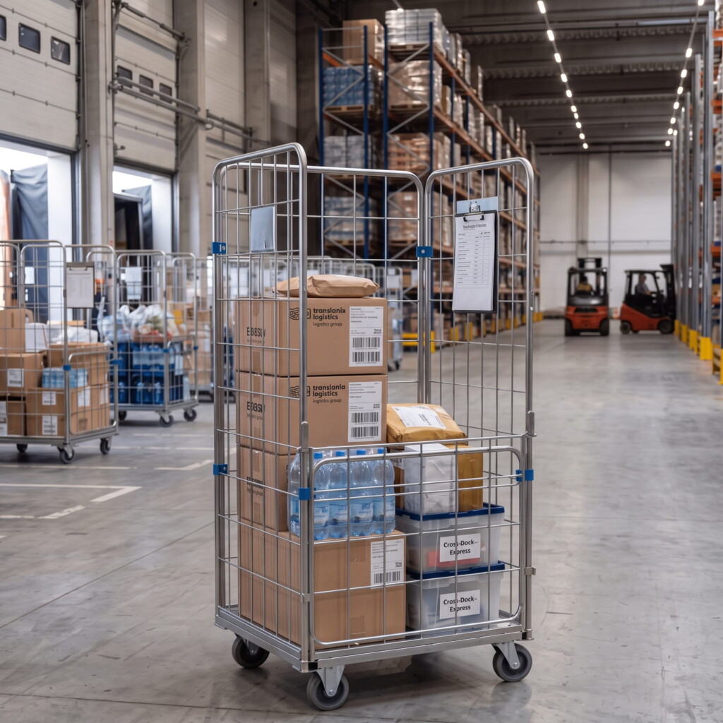 Rollkontener HYGIENE Access z paczkami, w tle magazyn z regałami i wózkami widłowymi