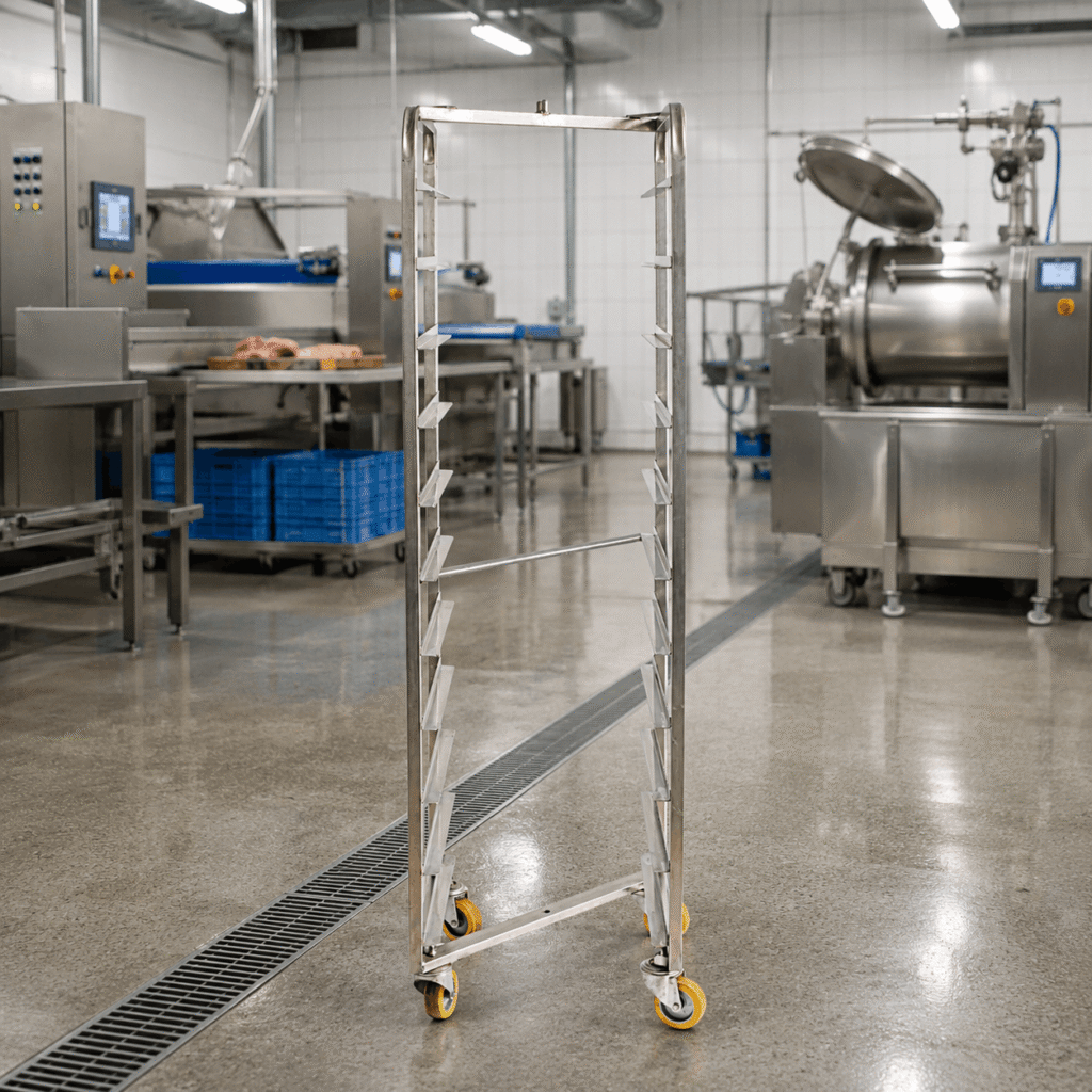 Rollkontener BAKE Thermo z półkami umieszczony w nowoczesnej przestrzeni produkcyjnej